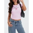thumbnail image 4 of Biezeib Women's Cap Sleeve Tops Casual Tight Fitted Round Neck Letter Bow Print T-Shirt Tops for Summer, 4 of 6