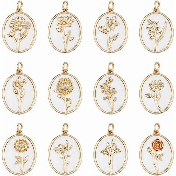 12 Styles Birth Flower Charms White Flower Dangles Charms Cute Floral Pendants Brass Pendants
