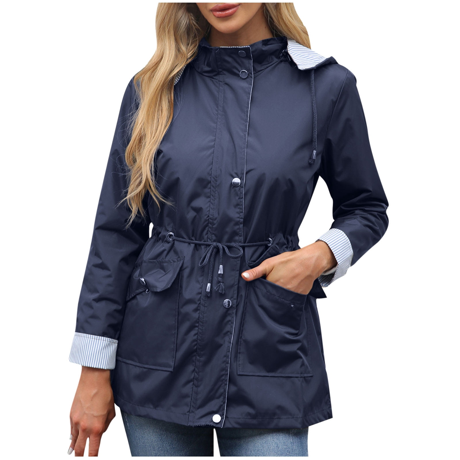 Maqroz Womens Warm Coats Outerwear Fashion Casual Long Sleeve Button Down Rain Jackets Comfort Drawstring Cinch Waist Coat Fall Winter Windbreaker Jacket Coat with Hood Lightweight Plus Size S