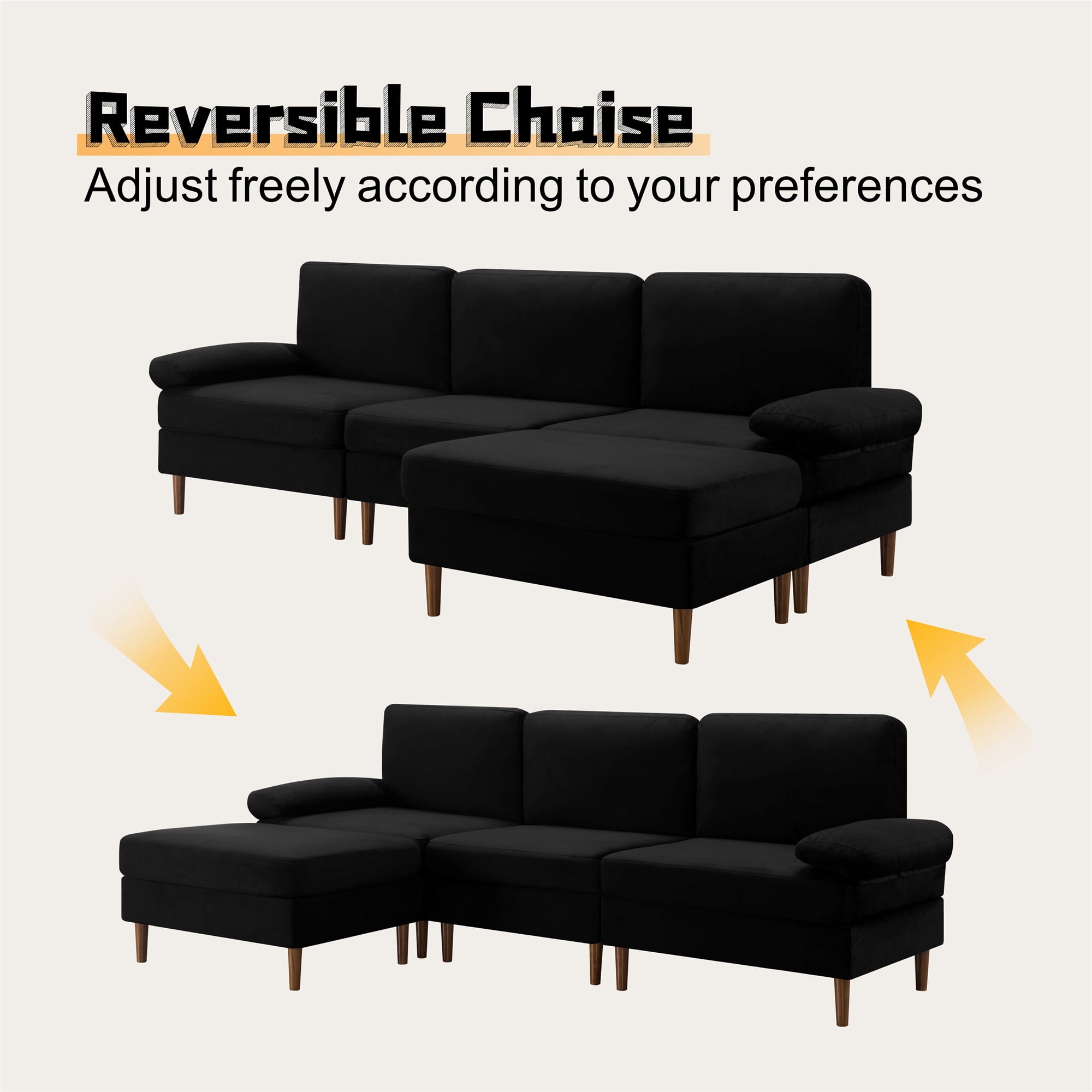 Aukfa 100" Velvet Sectional Sofa Modular Couch with Chaise for Living Room, Black