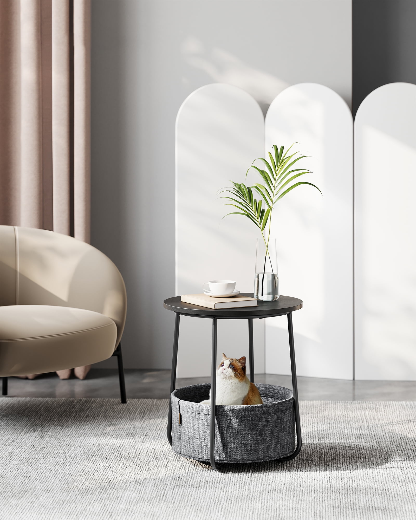 Round End Side Table with Fabric Storage Basket Bedside Table Nightstand for Living Room Bedroom Ebony Black and Slate Gray