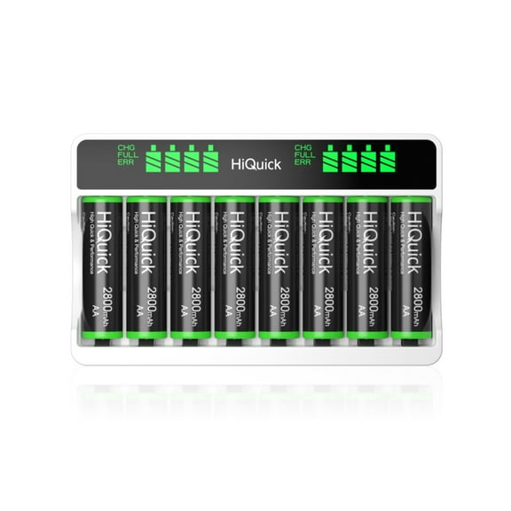 HiQuick 8 Pack AA 2800mAh Rechargeable Batteries with 8 Bay LCD Smart Battery Charger, Dual USB Input