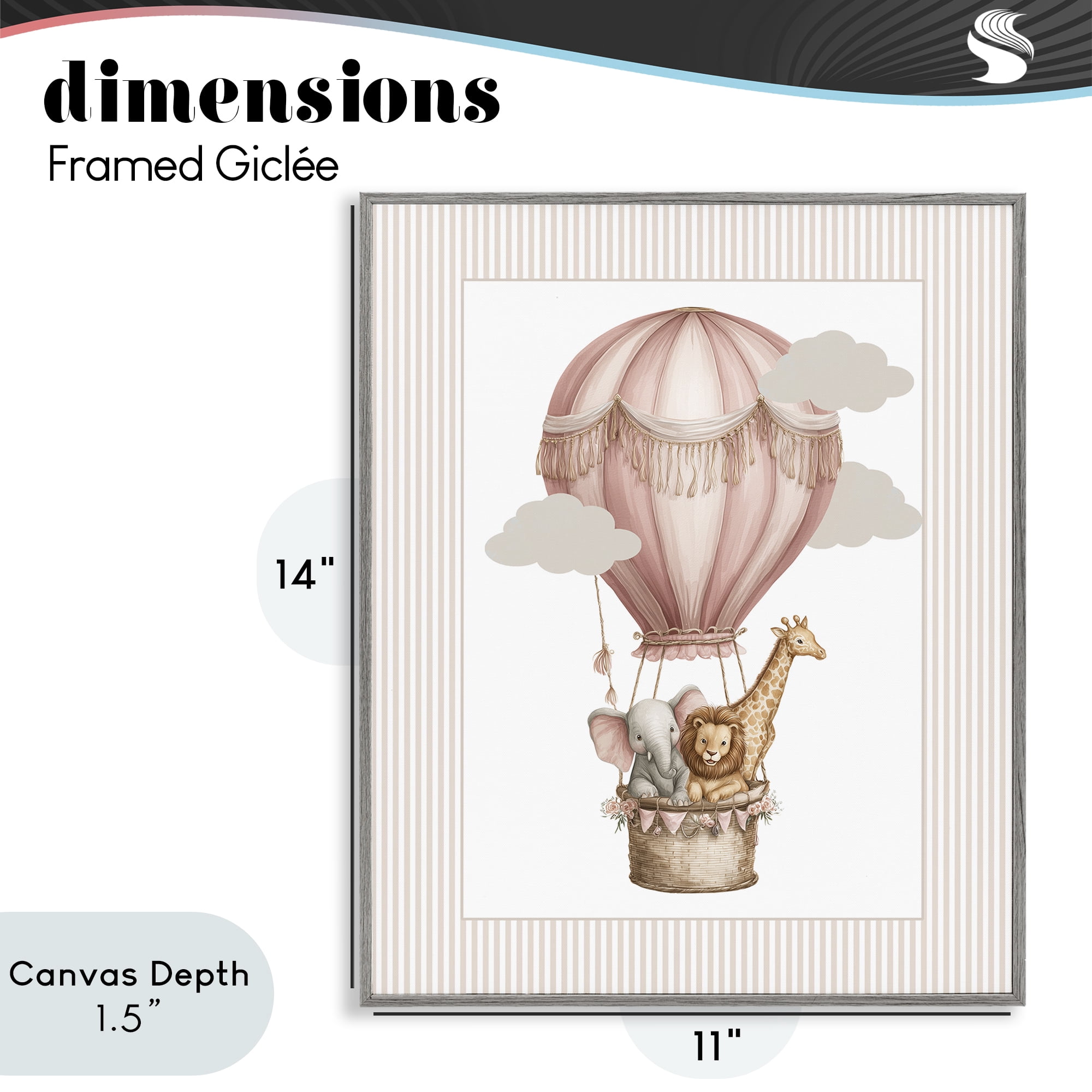 Stupell Industries Hot Air Balloon Animals Pink Gray Framed Giclee Art, design by Christine Simpson Art