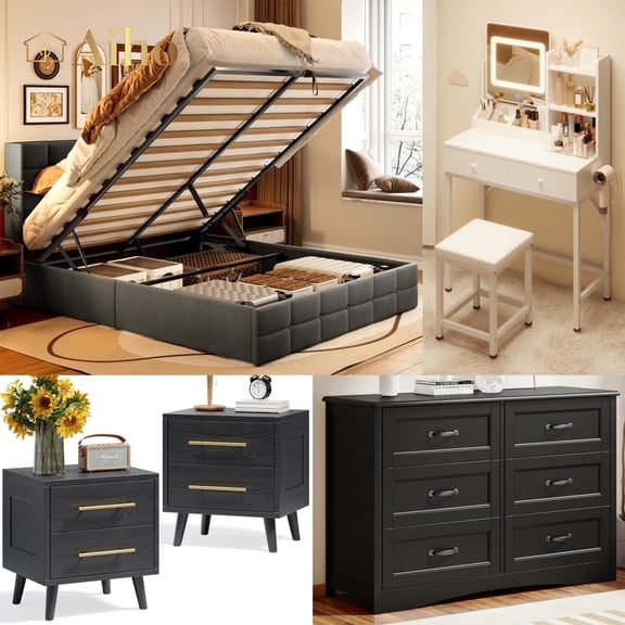 Aiho 5 Pieces Bedroom Furniture Set, Includes Queen Lift Up Storage Bed, Nightstands Set of 2, Double Wide 6-Drawer Dresser and Vanity Table Set - Black