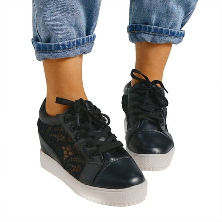 Oyedens White Fashion Sneakers for Women Mesh Hidden High Heels Platform Walking Canvas Shoes Girls