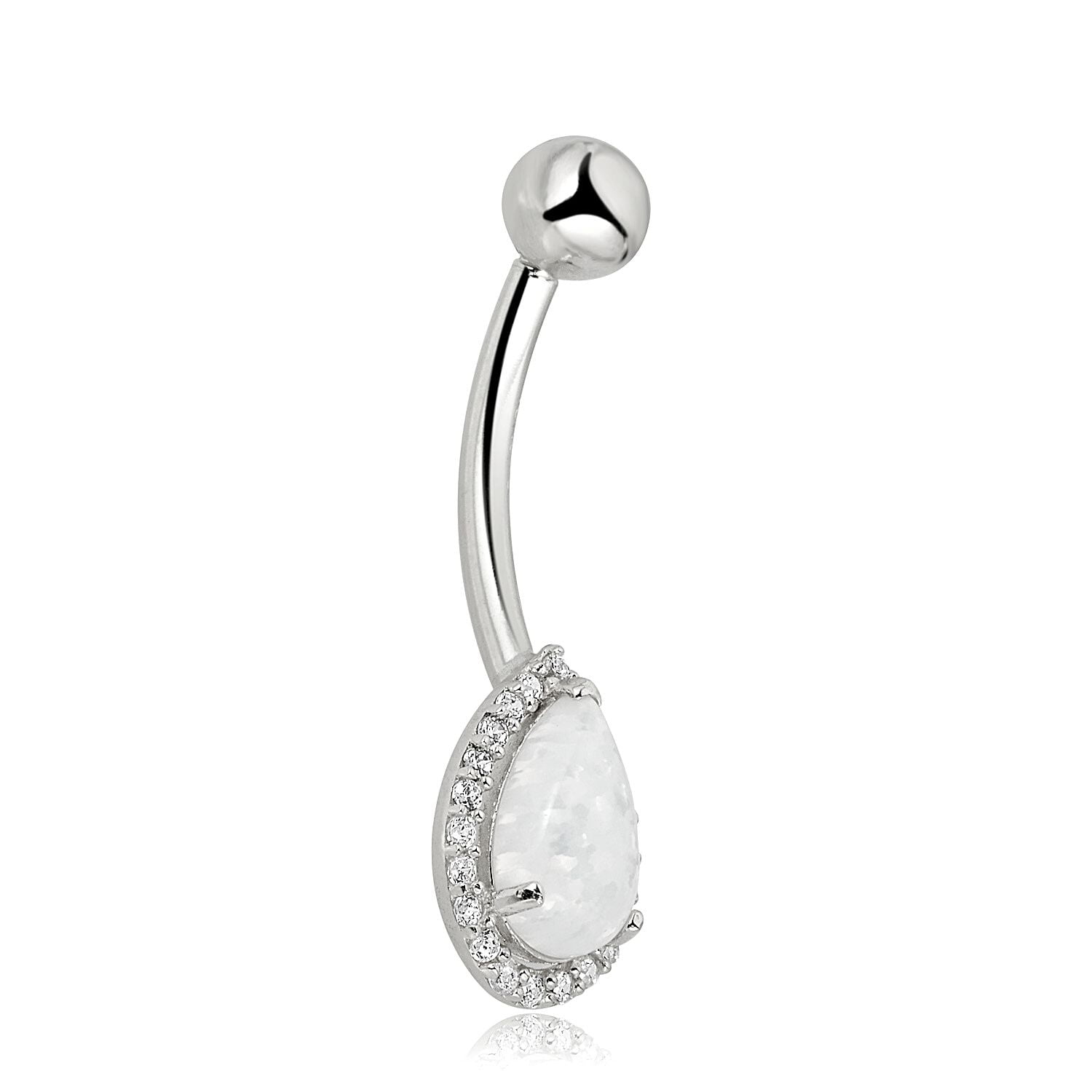 AVORA 10K White Gold Pear-shaped Simulated Opal with Simulated Diamond CZ Halo Belly Button Ring Body Jewelry (14 Gauge)  - Size 0