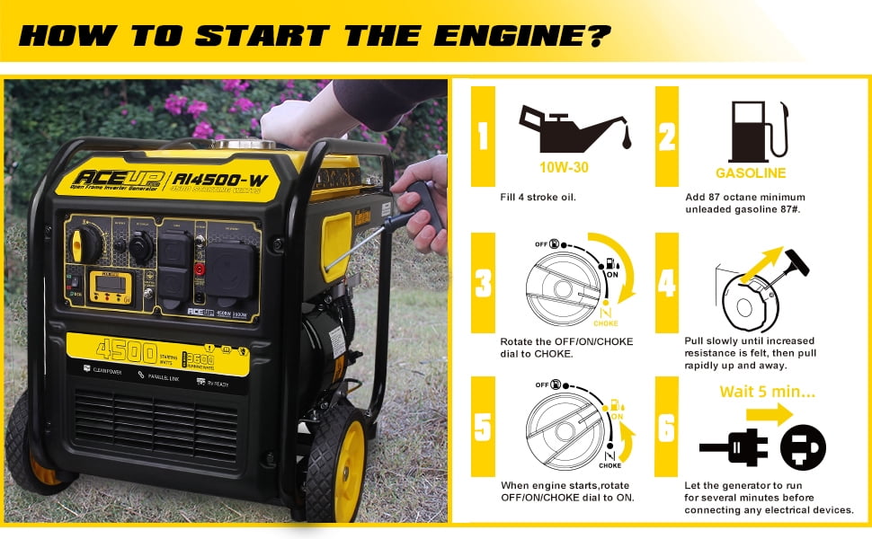 Aceup Energy 4500 Watt Open Frame Gasoline Inverter Generator with Wheels, Gas Generator 4000W RV-Ready, EPA Compliant
