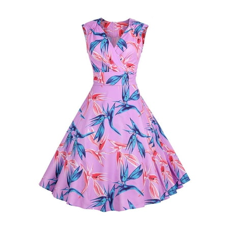 

Juebong Christmas Deals Women s Summer Sleeveless Sexy V Neck Vintage Print Party Swing Dress on Clearance Pink M