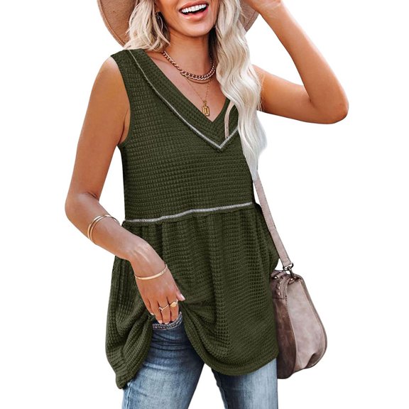 Wycnly Summer Tank Tops Solid V-Neck Sleeveless T Shirts for Women Comfy Soft Knitted Waffle Loose Swing Vest Blouses Green m Clearance Under $5