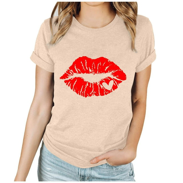 RKSTN Hauts pour Femmes 2024 Printemps Été Imprimé Graphique Col Rond Manches Courtes Hauts Saint-Valentin Couleur Unie Blouse Ample Décontractée