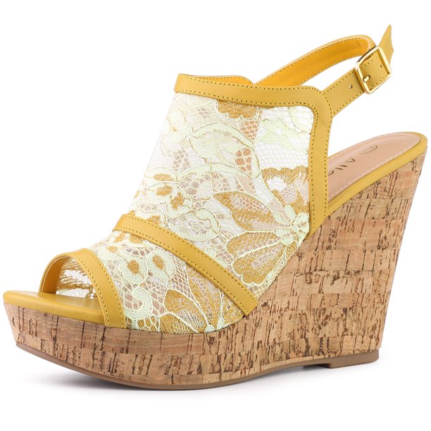 Sandalias De Cuña De Encaje Tacón De Plataforma Punta Abierta Para Mujeres Amarillo verd 36