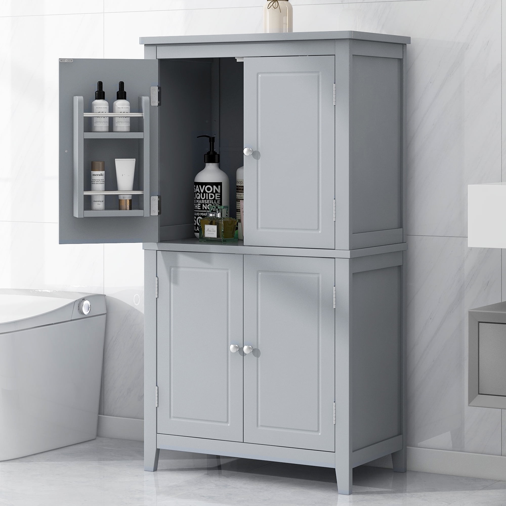 Grey MDF Bathroom Floor Storage Cabinet with 4 Doors and Adjustable Shelves
