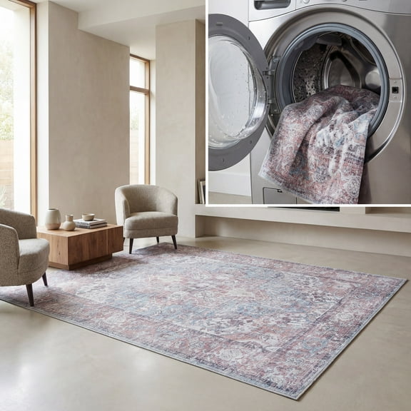 SAFAVIEH Vintage Heriz Darion Medallion Machine Washable Area Rug, Red/Blue, 6'7" x 6'7" Square