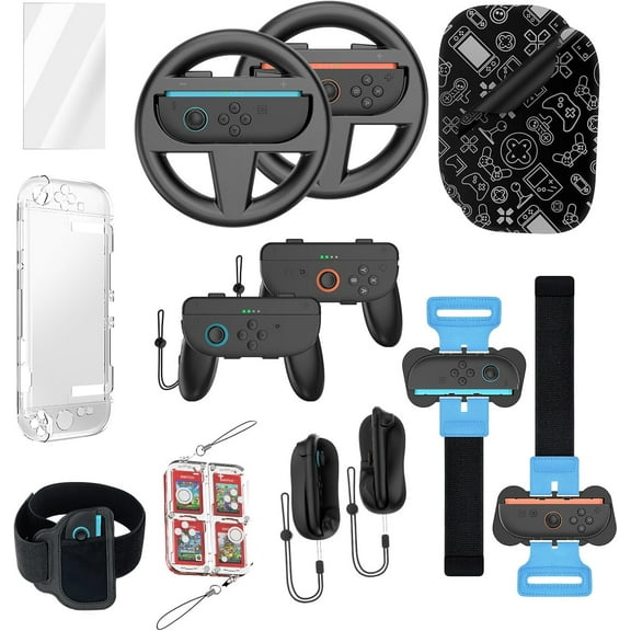 Sports Accessories Bundle for Switch 2, Sports Accessories Kit for Nintendo Switch Sports Games with Steering Wheel, Grips, Wristbands, Leg Strap, Mouse Grips and Pad, Clear Case and Screen Protector
