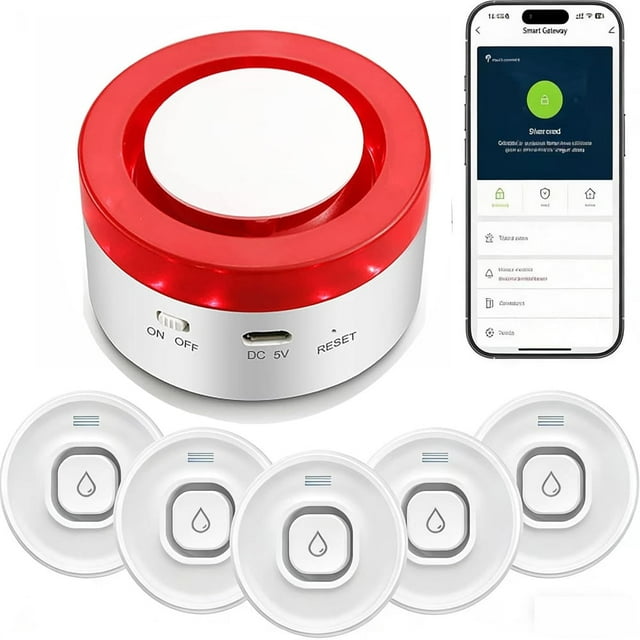 Détecteur Intelligent de Fuite d'Eau, Trousse d'Alarme de Fuite d'Eau : 1 Sirène Intelligente + 5 Capteurs de Fuite, avec Alertes par Application et Son Réglable à 100 dB, pour Égouttement Ou Inondation dans la Cuisine, la Salle de Bain, le sous-Sol (Wi‐Fi 2,4 g)