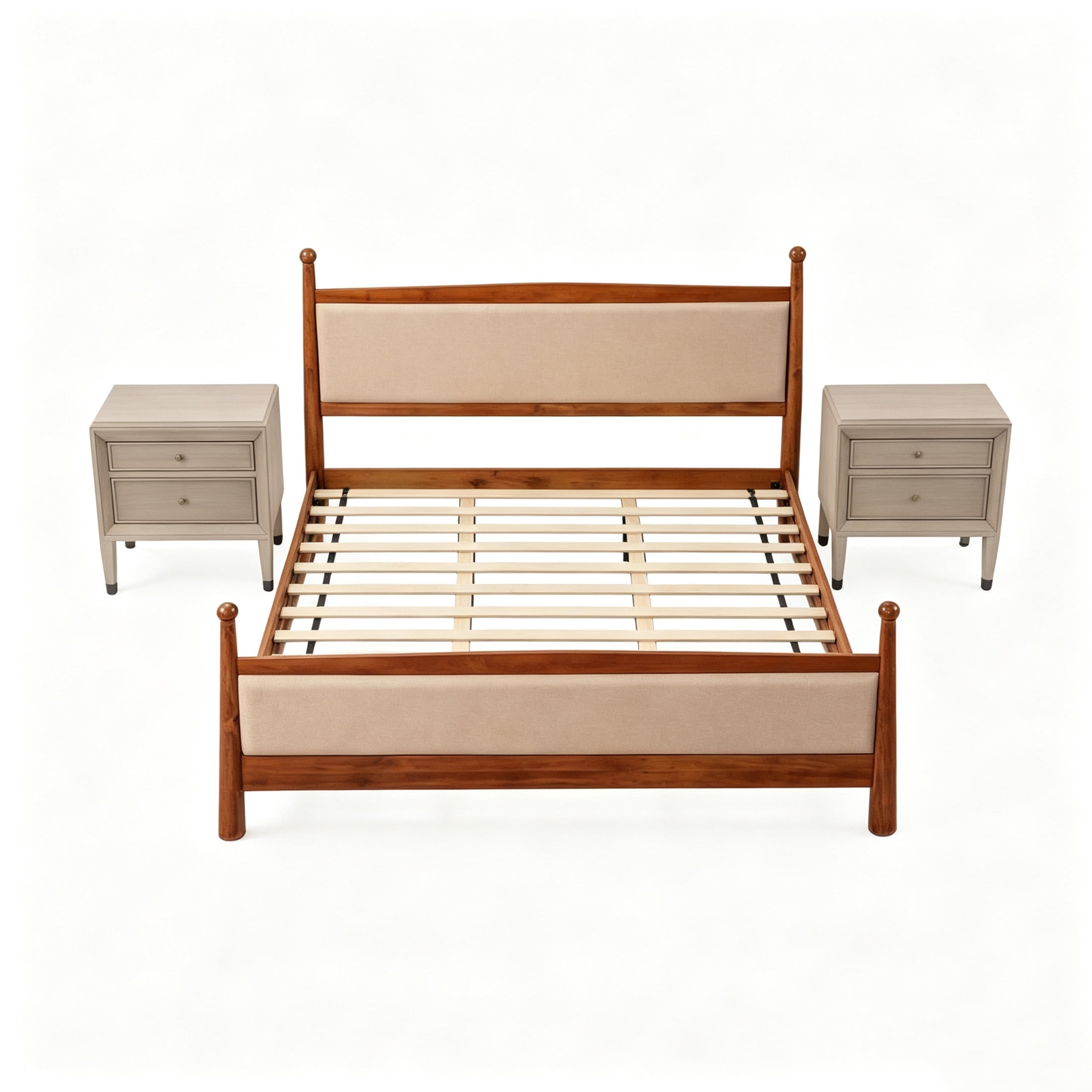 Christopher Knight Home Farmhouse Bedroom Set, King Upholstered Bed with 2 Nightstands, Cherry+Gray