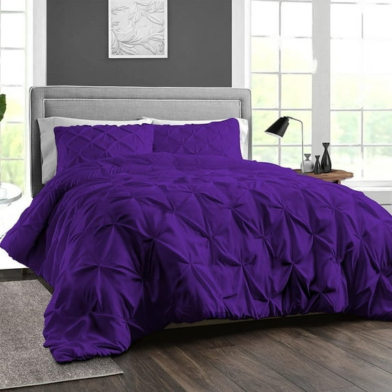 Duvet Cover 3 Piece Egyptian Cotton Cozy & Super Soft 600 TC Pinch Duvet Covers with Zipper Closure & Corner Ties Soft Pintuck Comforter Cover (Oversized Queen, Purple )