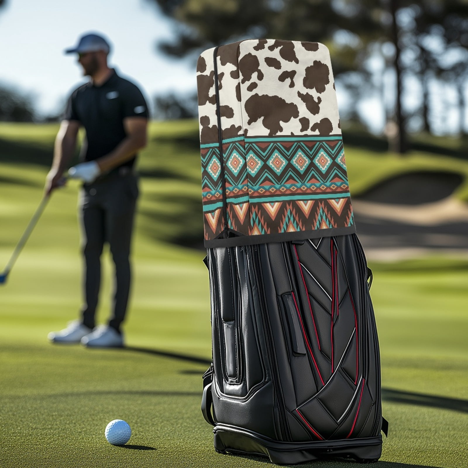 Yuyamidu Brown Cow Print Golf Bag Cover Aztec Hood Golf Bag Dust Cover for Clubs Protection with Snap Button and Zipper