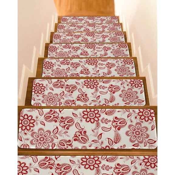Abstract Paisley Pattern Stair Treads Non Slip for Steps Retro Ethnic Red Flower 4 Pcs Reusable Adhesive Stair Runner Mats for Dogs Elders Carpet Treads Rugs for Staircase 8x30 In