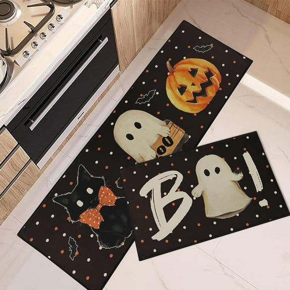 Cute Cat Ghost Vintage Halloween Kitchen Rugs and Mats Non Skid Washable Set of 2, Pumpkin Ghost Boo Black Kitchen Runner Rug,Kitchen Floor Mat Under Sink Mat Throw Rug for Doormat