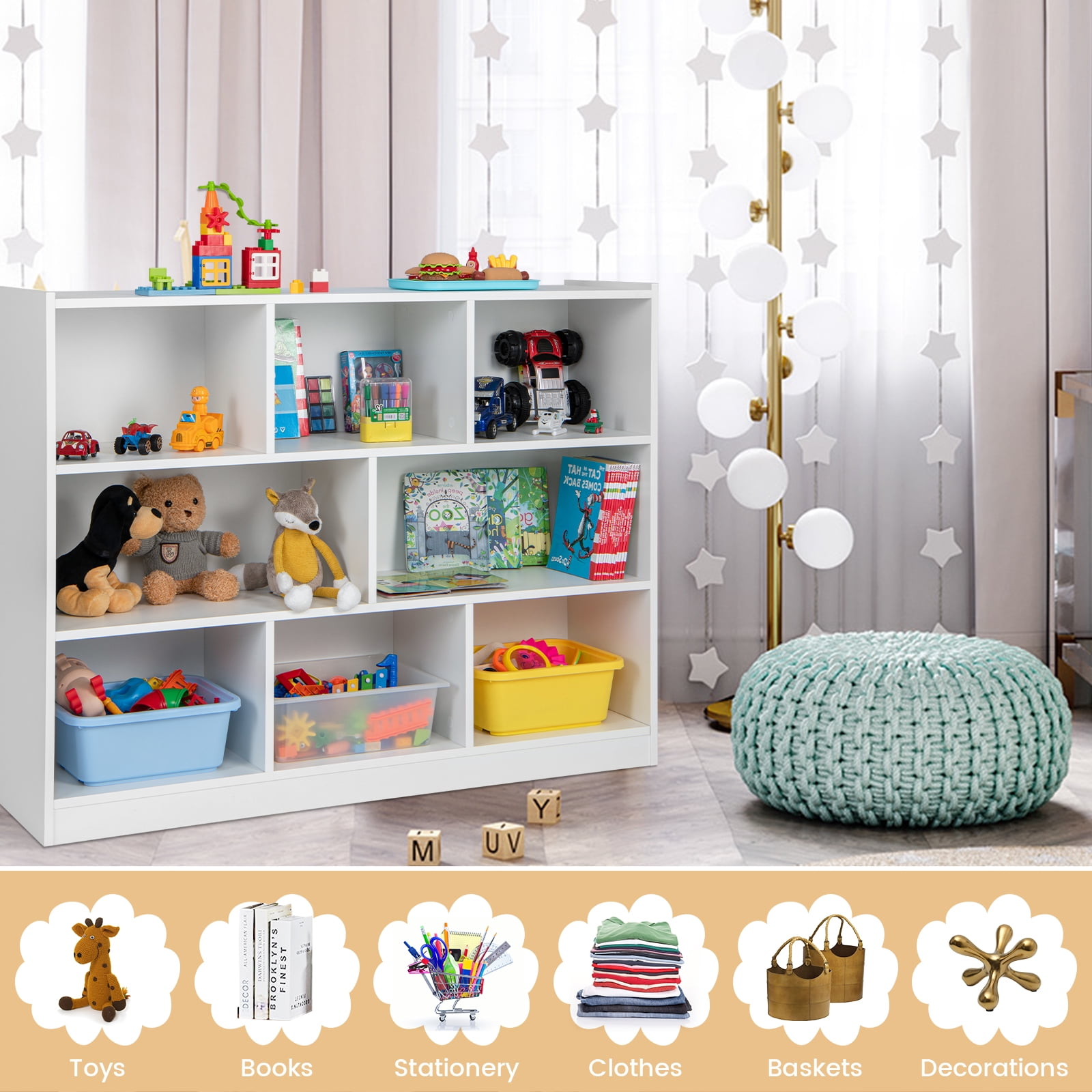 Topbuy Wood Storage Cube Bookcase 3 Tier 8 Cube Open Shelf Storage Cabinet with Anti-Toppling Devices Multipurpose Bookshelf White