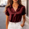 thumbnail image 2 of ClodeEU Women's Satin Half Button Notched Lapel Short Sleeve Shirts,Casual Office Blouse Wine,Womens Plus S, 2 of 9