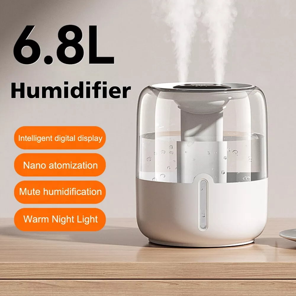Raistyw Humidifiers for Bedroom, 6.8 L Cool Mist Top-Fill Humidifier for Large Room, Plants, Baby Nursery, Indoor, 20H Runtime, Quiet 36dB, Controllable Lighting, White