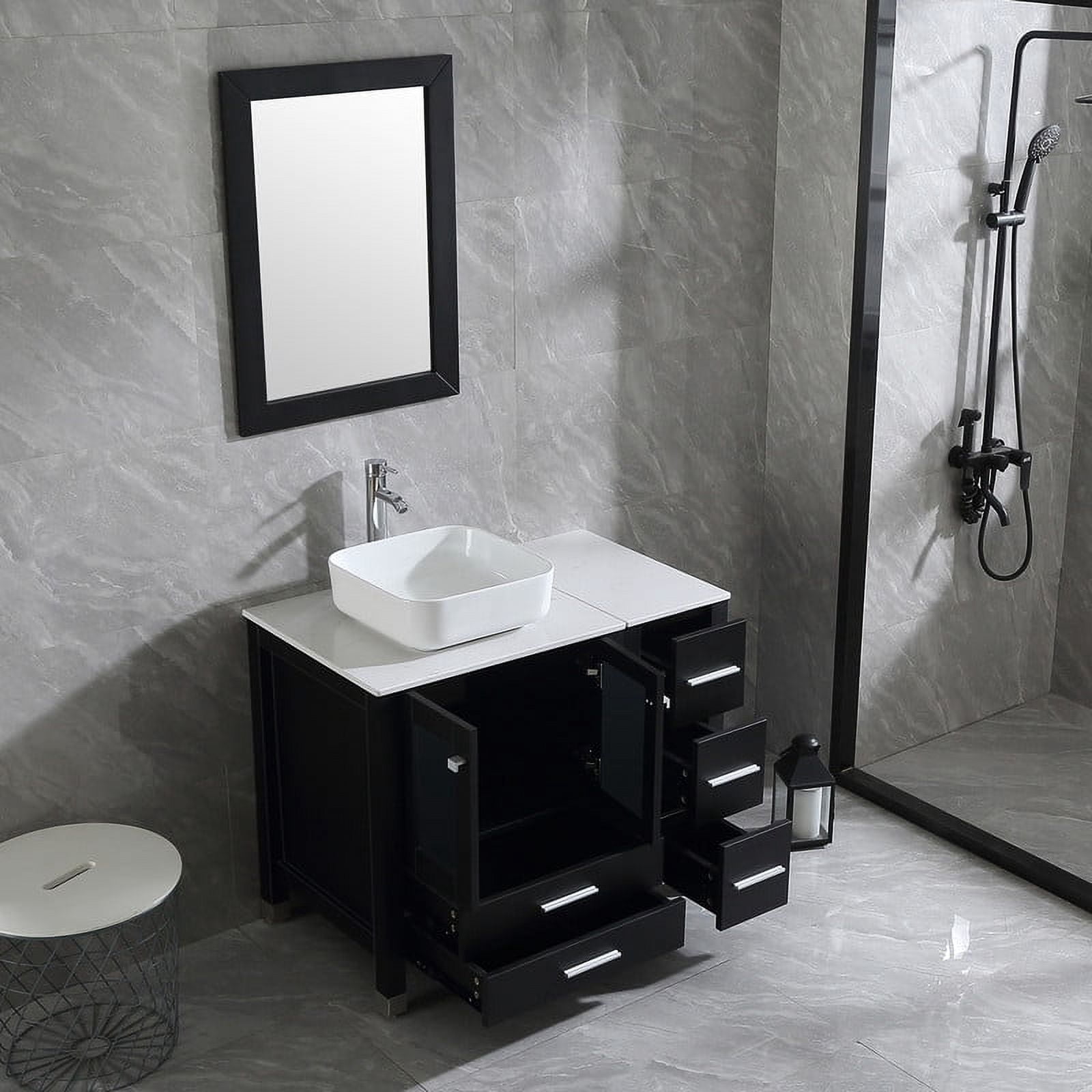 Walsport 36” Black Bathroom Vanity and Sink Combo Wood Cabinet Top Square Ceramic Vessel Sink Faucet Drain Combo with Mirror Vanities Set,Black