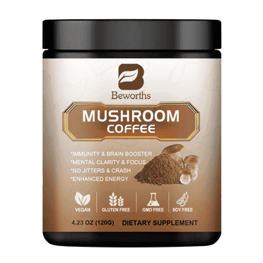 Beworths Mushroom Coffee Powder- Organic Instant Coffee Mix with Reishi, Cordyceps, Lion's Mane, Chaga, for Energy, Mental Clarity & Focus, 4.23oz