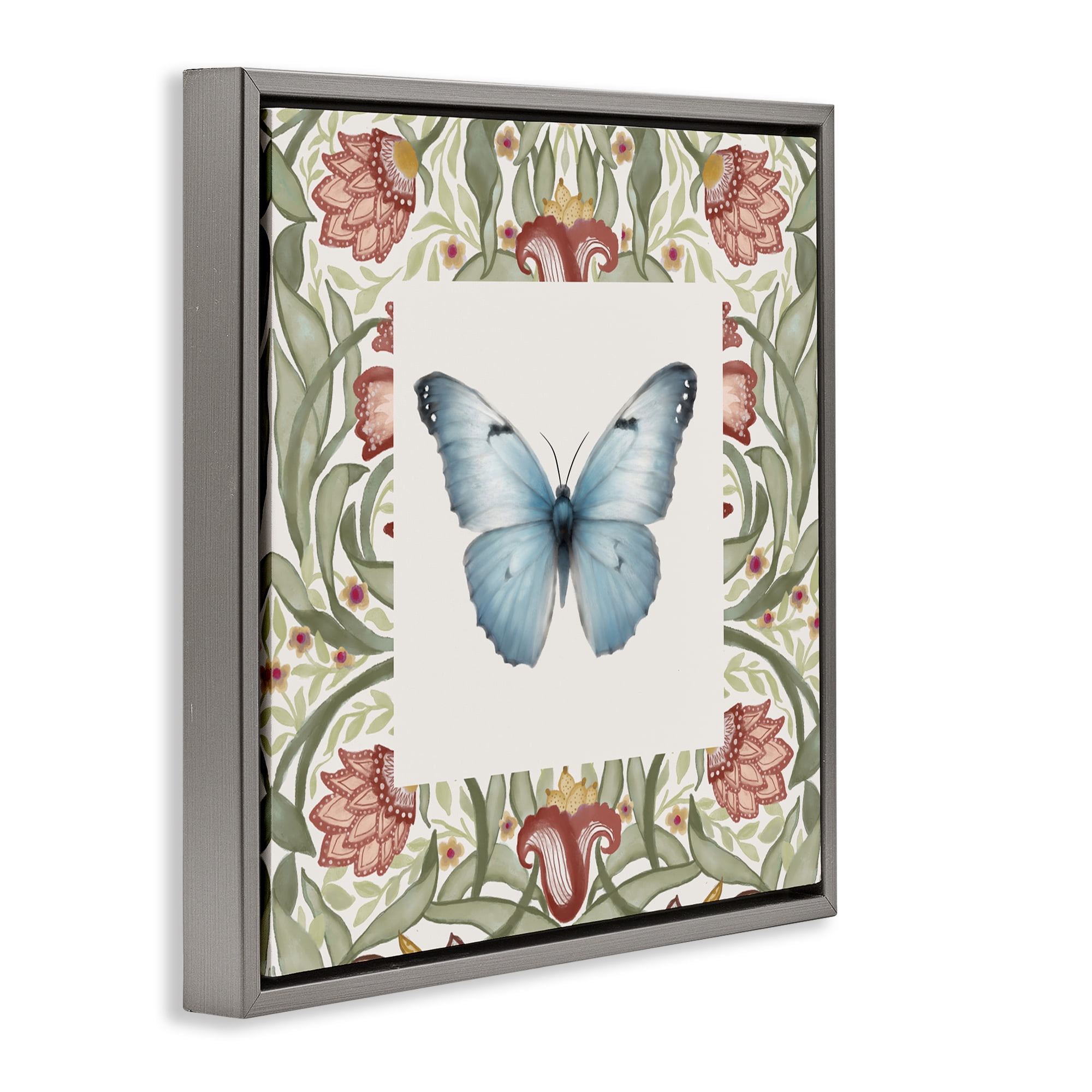 Stupell Industries Baroque Butterfly Vintage Flowers Gray Framed Floater Canvas Wall Art, design by Elizabeth Medley