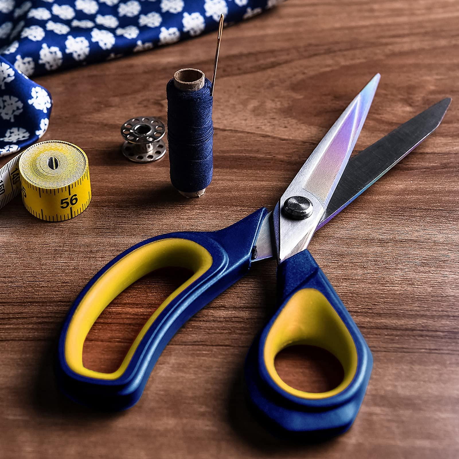 2 Pack Fabric - Heavy Duty All Purpose  Titanium Coated Forged Sewing Shears For Tailor Dressmaking Crafting Clothes Leather 8.5" & 9.5" Blue Yellow