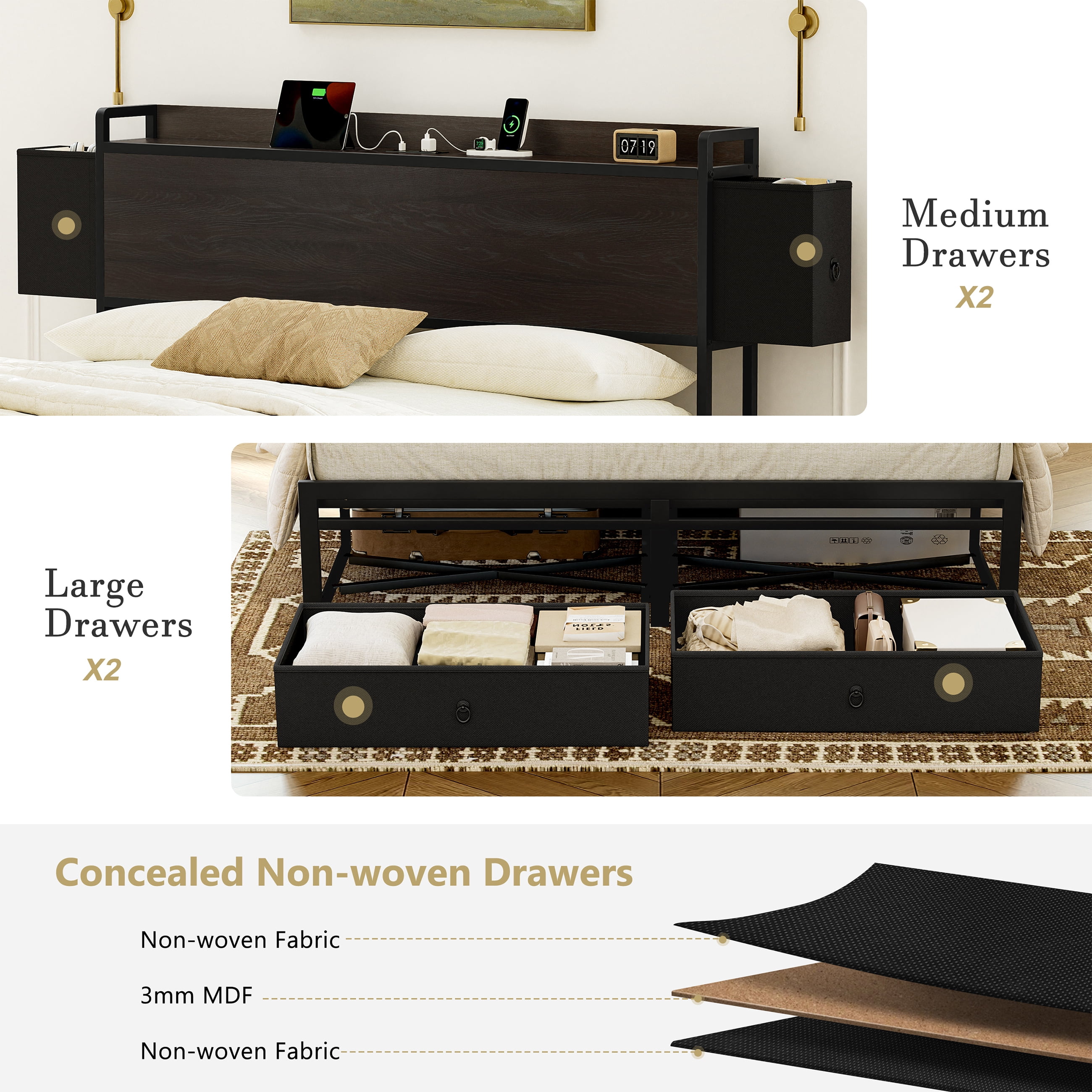 GUNAITO Queen Bed Frame with Storage Headboard Platform Bed with 2 Drawers Metal Bed with Charging Station, Dark Brown