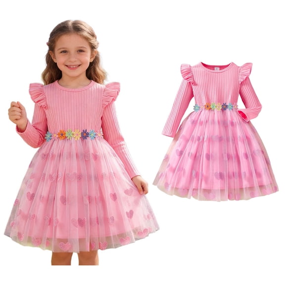 Valentine Dresses for Girls Long Sleeve Tutu Dress Girls Ruffle Tulle Dresses Girls Valentines Day Outfit Girls Beach Dress 6-7 Years
