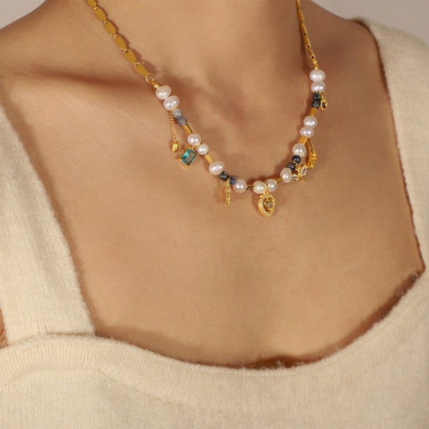 Collar para mujer, joyería para mujer, collar de joyería para mujer, colgante geométrico de corazón, collar de perla de piedra natural, collar Alentine