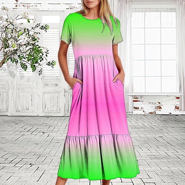 Fshaion Robe d'Été pour Femmes 2024 Grande Taille Décontractée à Manches Courtes Col Ras du Cou Robe Décontractée Fluide à Étages Maxi Robe de Plage avec Poches Robe à Imprimé Dégradé Liquidation à Moins de 10!