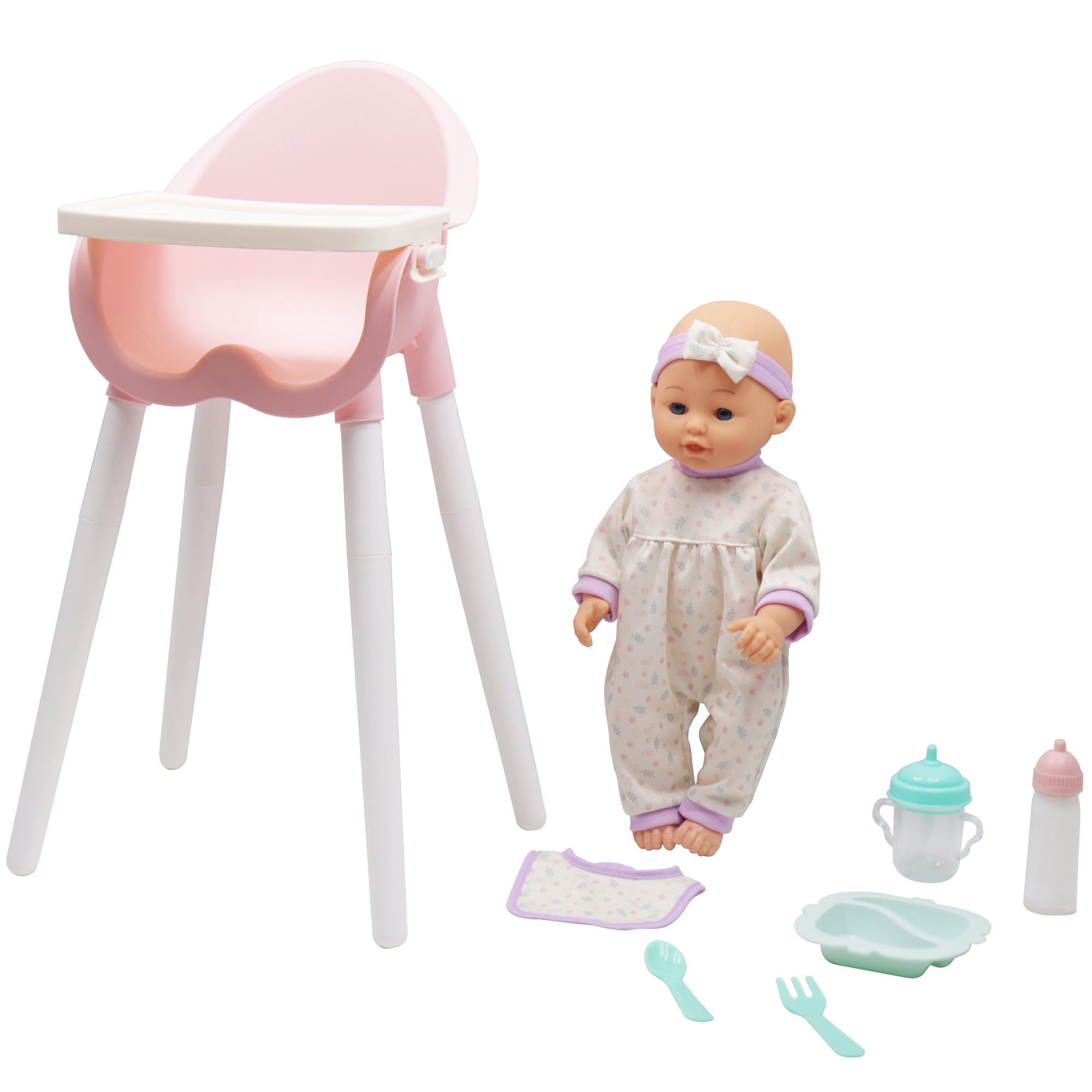 Dream Collection: 14" Baby Doll & High Chair Playset - White-Purple Onesie, Headband & Bib, Pink Feeding Chair, Toy Care Accessories, Kids-Toddlers 2+