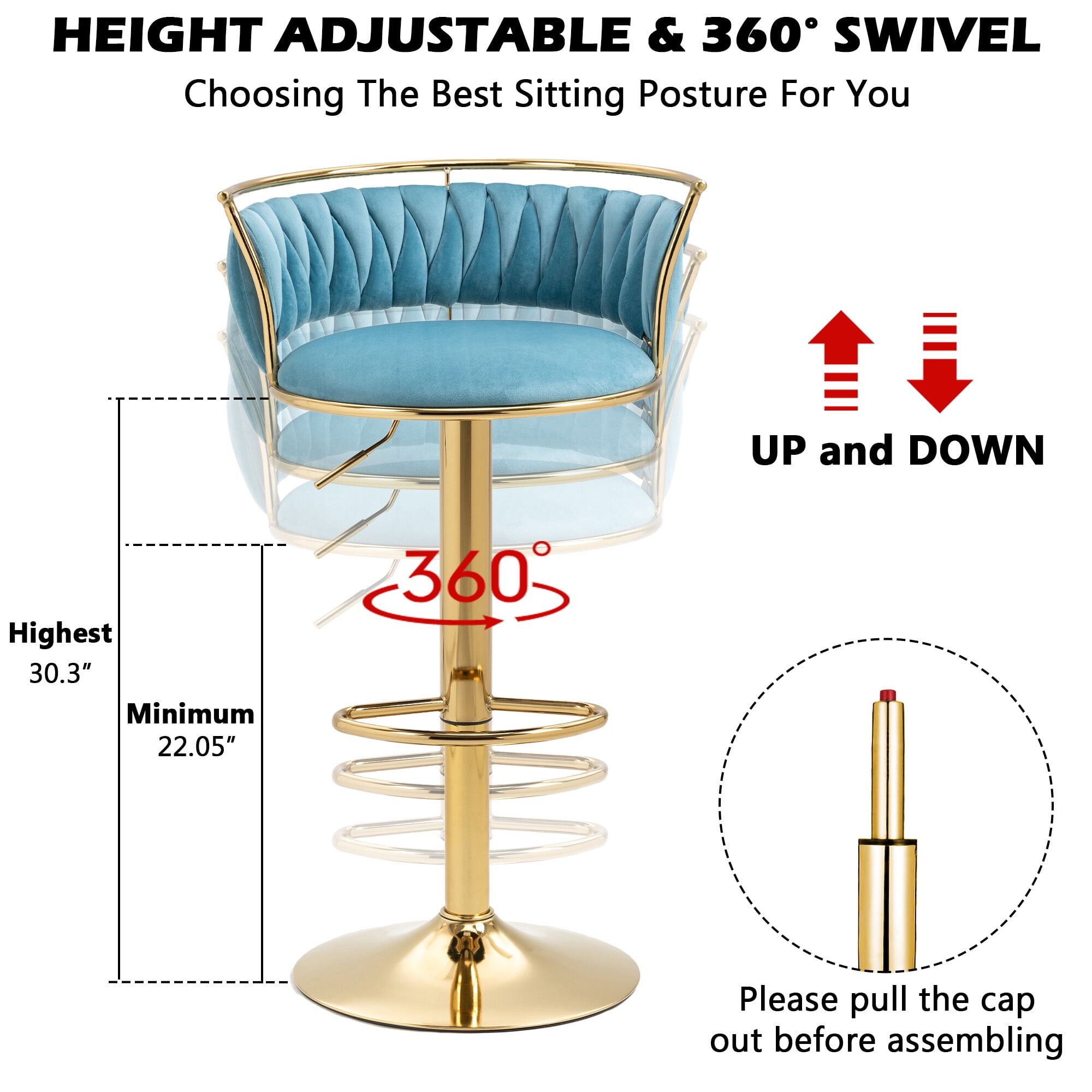 DREAMSIDEA Swivel Bar Stools Set of 4 Modern Velvet Upholstered High Back Adjustable Bar Chairs with Golden Footrest for Kitchen Counter Square Island, Blue