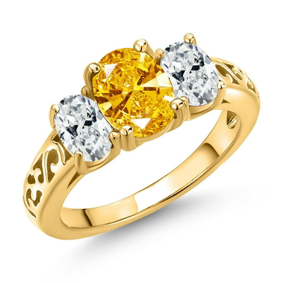 Gem Stone King 18K Yellow Gold Plated Silver Golden Yellow Zirconia and White Zirconia Filigree Style 3 Stone Ring for Women (2.07 Cttw, Oval 8X6MM and 6X4MM) (Size 6)