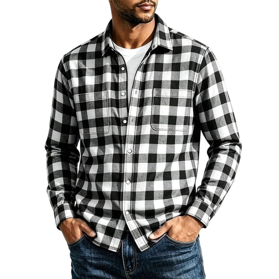 TRUNZI Mens Plaid Long Sleeve Button Down Shirts Regular Fit Work Office Suit Gingham Shirts with 2 Chest Pockets