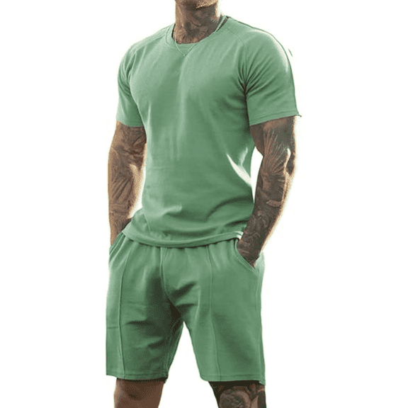 GINGTTO Men’s Green Active Workout Set, Short Sleeve Tee & Athletic Shorts - Moisture Wicking Summer Outfit for Gym, Running & Outdoor Training