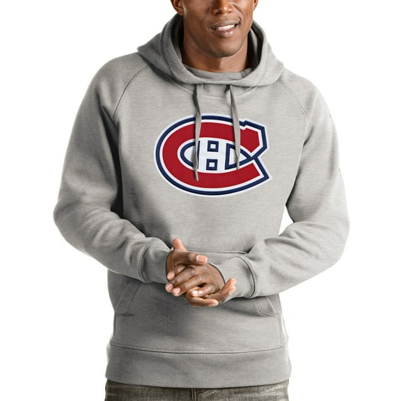 Men's Antigua Heathered Gray Montreal Canadiens Logo Victory Pullover Hoodie