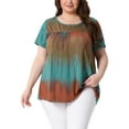 thumbnail image 1 of Camisetas básicas de verano de talla grande para mujer Agnes Orinda, con cuello redondo, mangas cortas, diseño de teñido anudado y pliegues, 3X azul y marrón, 1 of 6