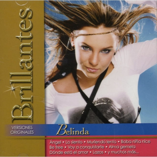 belinda brillantes disco cd nuevo 19 canciones — Portada frontal con retrato de Belinda, cabello suelto y diadema, camiseta blanca con tirantes negros; banda dorada vertical a la izquierda con el texto "Brillantes" y franja inferior azul y roja con lista de canciones y sello "Versiones Originales".