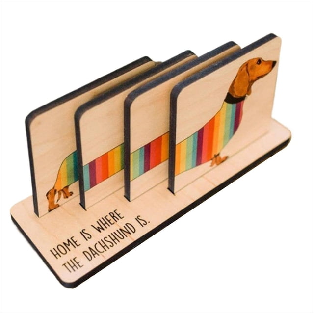 Juego de 4 Posavasos de Perro Salchicha con Soporte, Juego de Posavasos de Madera con Forma de Perro Salchicha, DecoracióN para Mesa de Comedor, Posavasos con TemáTica de Animales