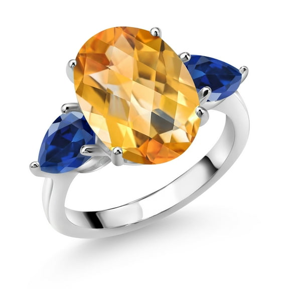 Gem Stone King 7.73 Cttw Yellow Citrine Blue Created Sapphire 3-Stone Engagement Ring for Women | 925 Sterling Silver | Three Stone Wedding Anniversary Ring | Oval 14x10MM | Pear Shape 7X5MM | Size 8