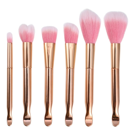 6 Pcs Makeup Brush Set Contour Concealer Blush Artificial Fiber Metal Handle Rose Gold Tone Pink