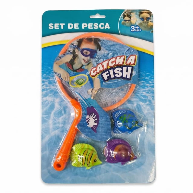 set de pesca prichos catch a fish 1 pieza juguete de baño para niños, vista frontal empaquetada con red de plástico naranja y mango curvo, cuatro peces de plástico con ventosa (verde, morado, azul y amarillo) sobre fondo gráfico azul tipo agua; adecuado también para juego en tina o piscina para estimular coordinación y motricidad.