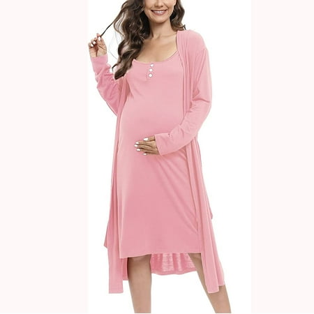 

Women s 2 Piece Maternity Nursing Nightgown Robe Set Button Down Breastfeeding Night Dress 3 in 1 Labor Delivery Robe Pregnancy Sleepwear Loungewear Set S-3XL