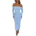 thumbnail image 1 of Vestido PRETTYGARDEN Maxi Ajustado con Hombros Descubiertos y Fruncido Azul Claro Talla S, 1 of 8