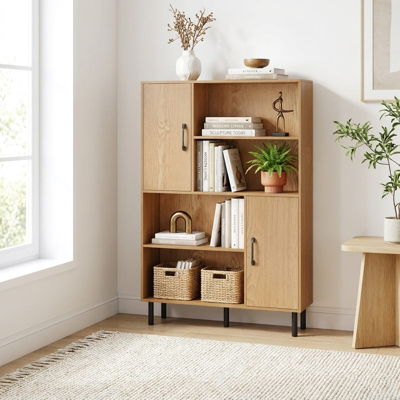 Furnibear 47 Inch Storage Cabinet Freestanding Bookcase with 2 Doors and 4 Open Shelves for Living Room Home Office Bedroom Display Storage, Natural